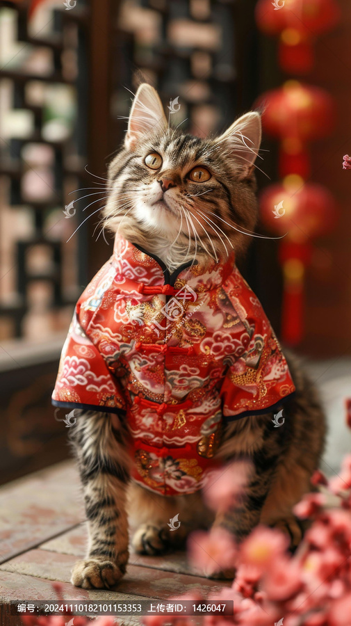 一只身穿紅色和金色中國傳統(tǒng)服飾的貓