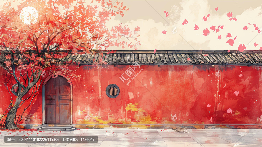 紅墻黛瓦粉花樹