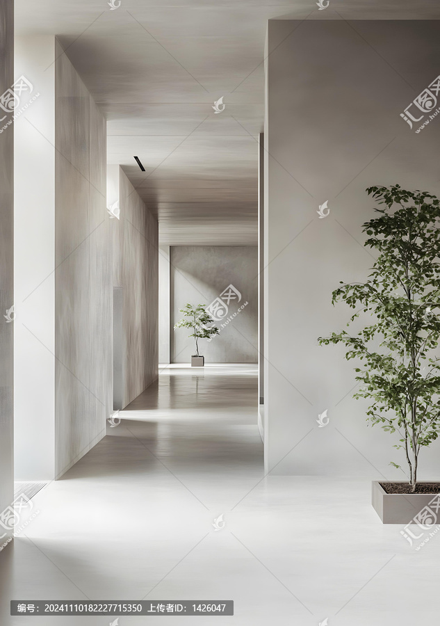簡約現代風格的走廊室內設計，水泥墻和植物