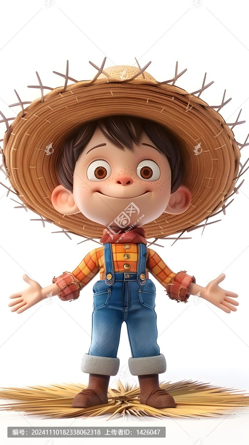 一個(gè)戴著草帽的可愛卡通,農(nóng)民男孩