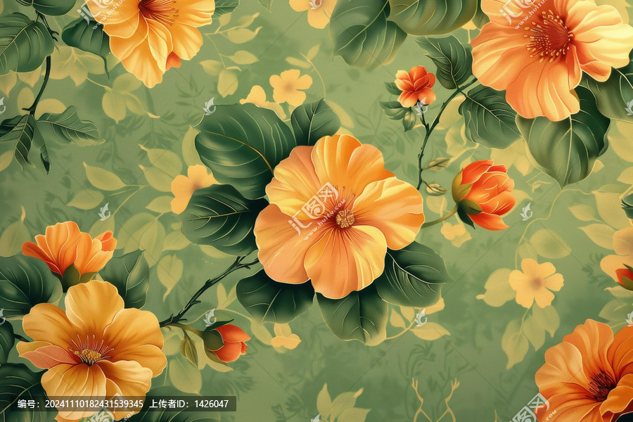 橙色芙蓉花和綠葉在綠色背景上的圖案