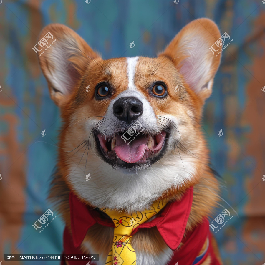 一只穿著紅色襯衫和領帶的快樂柯基犬