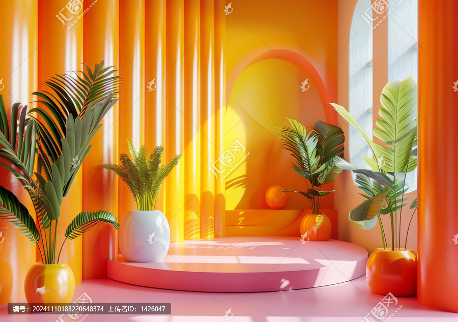 充滿活力的橙色和粉紅色室內(nèi)植物場(chǎng)景