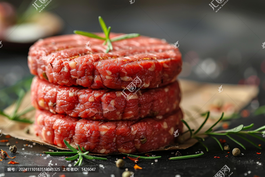 三塊生的漢堡肉餅配有迷迭香和香料
