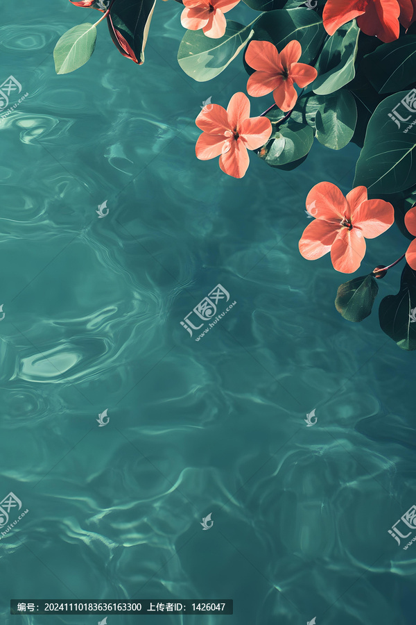 熱帶花朵漂浮在碧綠的水面上