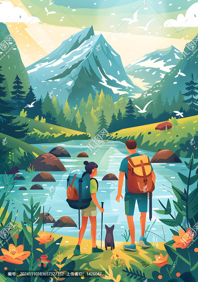 情侶帶著狗狗在山間徒步旅行