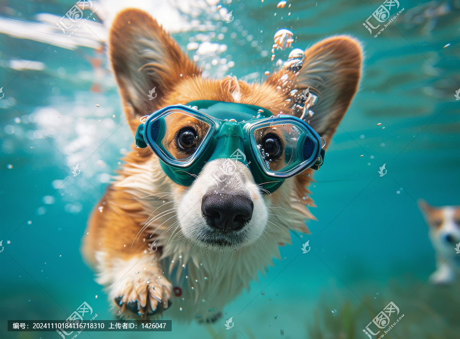一只戴著綠色護目鏡的可愛柯基犬在水下游泳