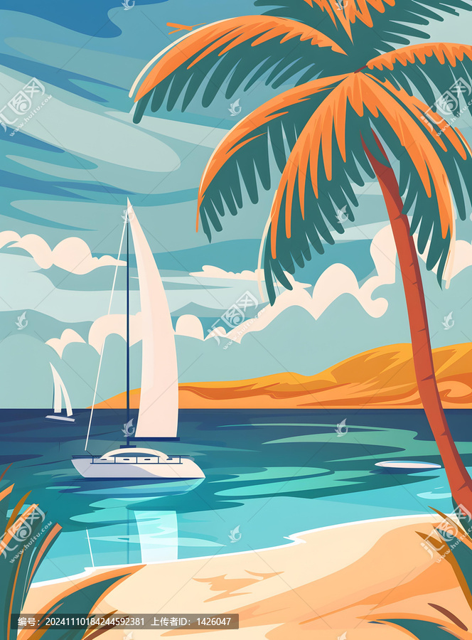 熱帶海灘棕櫚樹(shù)和帆船的夏季度假