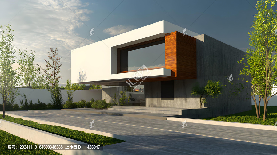 現(xiàn)代簡約建筑設(shè)計草坪綠樹
