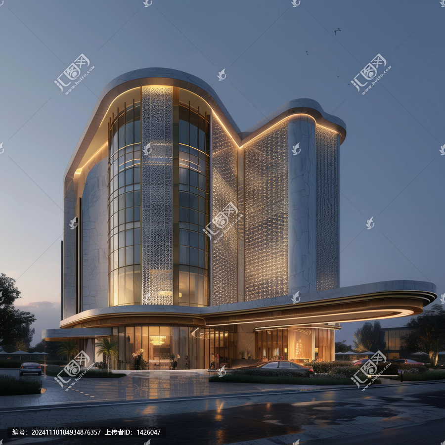 夜晚現(xiàn)代化酒店大樓建筑設(shè)計(jì)