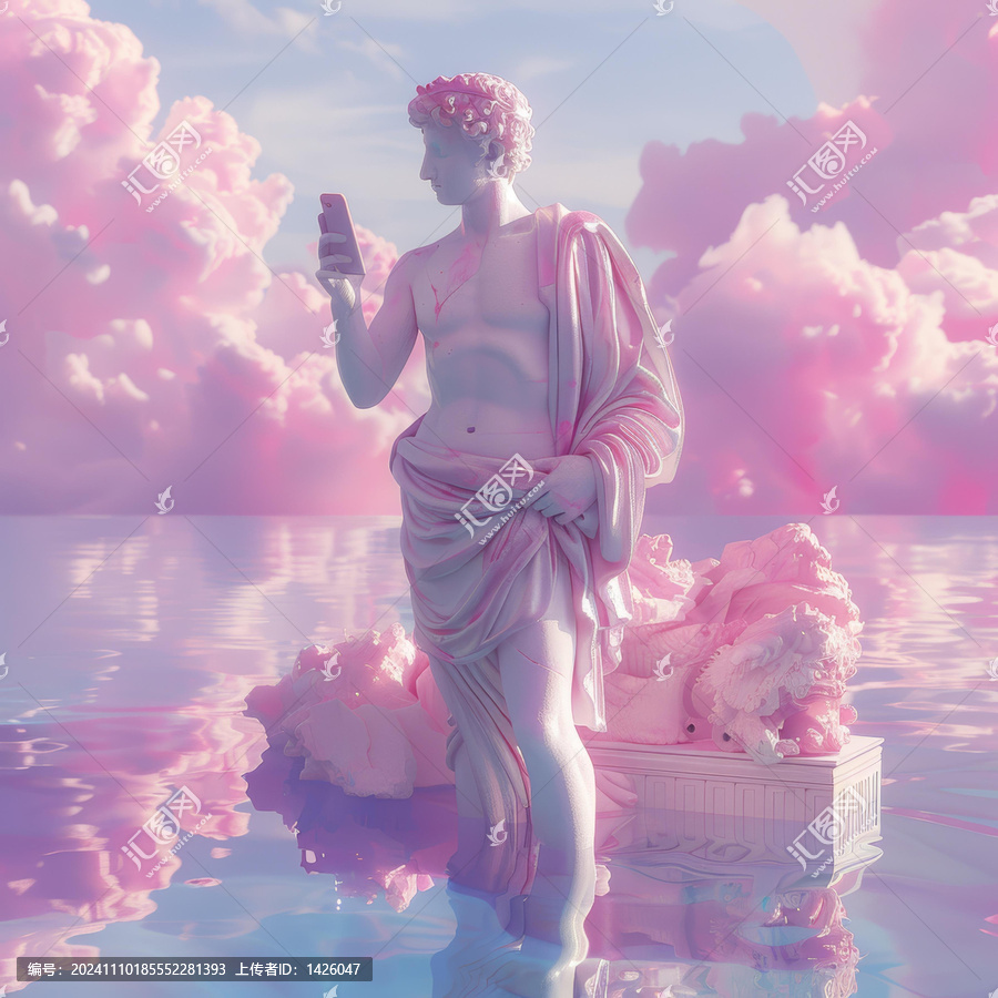 粉色的云朵和水面的希臘神像