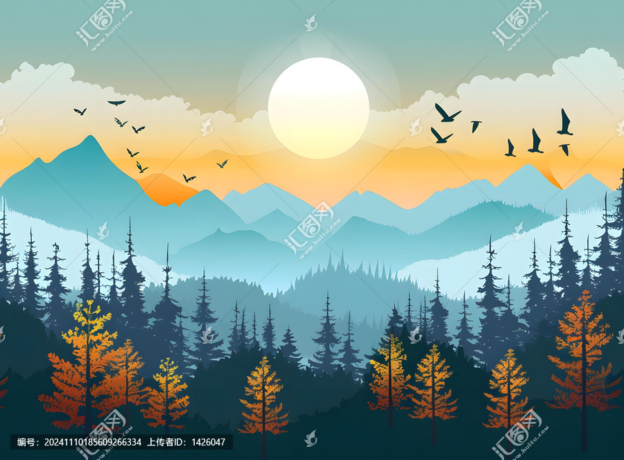 山脈風(fēng)景，天空飛翔的鳥兒