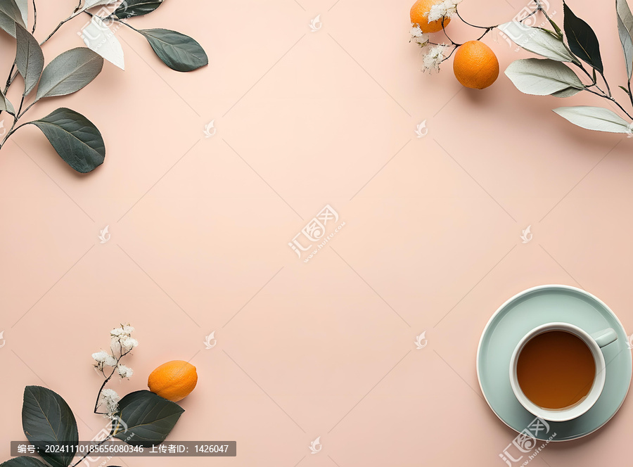 橙子,茶葉,綠葉,極簡(jiǎn)風(fēng)背景