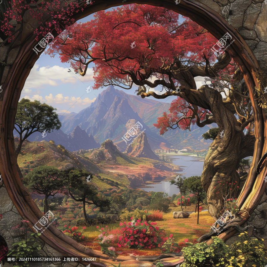 奇幻風(fēng)景畫前景是大樹背景是山脈