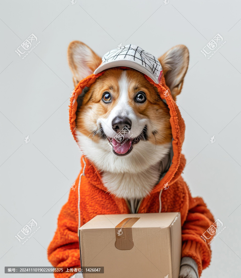 穿著快遞服的寵物狗與包裹