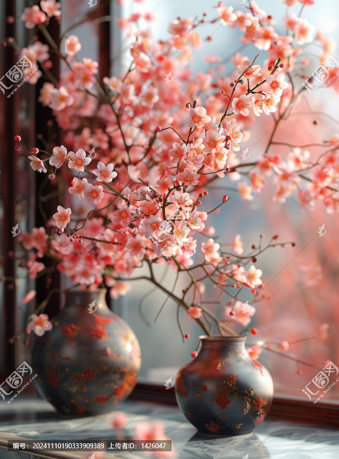 窗邊古樸花瓶里的粉嫩梅花
