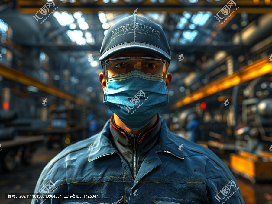 身穿工作服戴著頭盔護(hù)目鏡和口罩的工人肖像