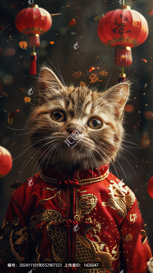 一只身穿紅色中國傳統(tǒng)服飾的貓背景有紅燈籠
