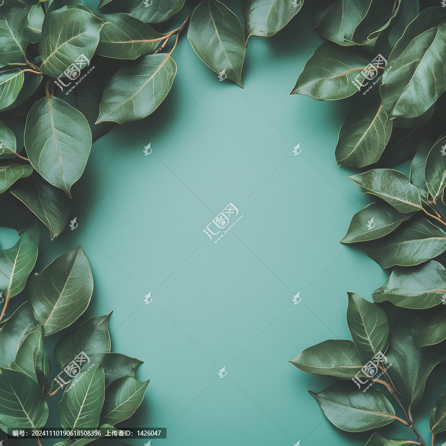 綠色葉子在藍色背景上的邊框