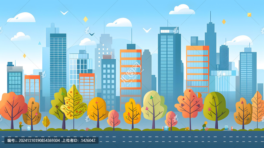 秋季城市景觀，樹木和建筑
