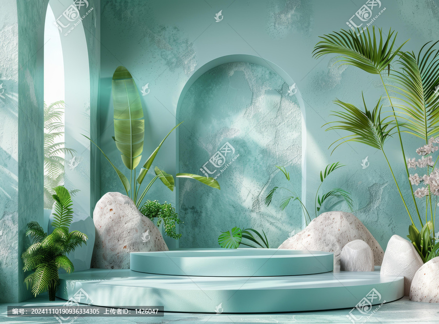 夢幻青綠色植物產(chǎn)品展示臺