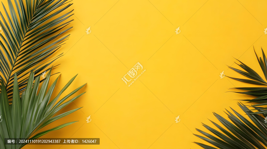 黃色背景上的熱帶棕櫚葉