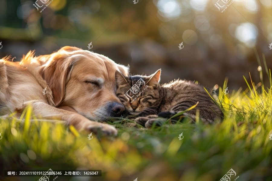 一只金毛獵犬和一只虎斑貓在草地上睡覺