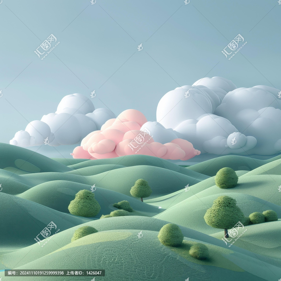 夢幻粉嫩云朵山丘圖