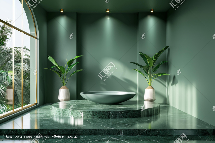 翡翠綠色室內(nèi)設(shè)計(jì)場(chǎng)景與熱帶植物