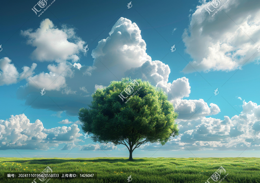 陽光明媚的田野孤樹美景