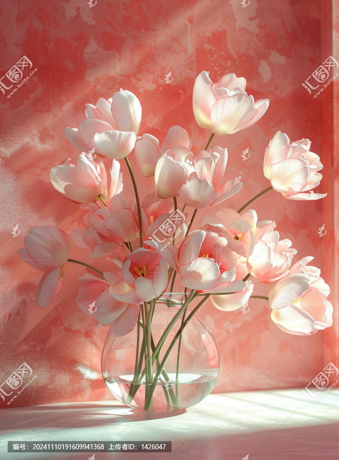 玻璃花瓶中的粉嫩郁金香