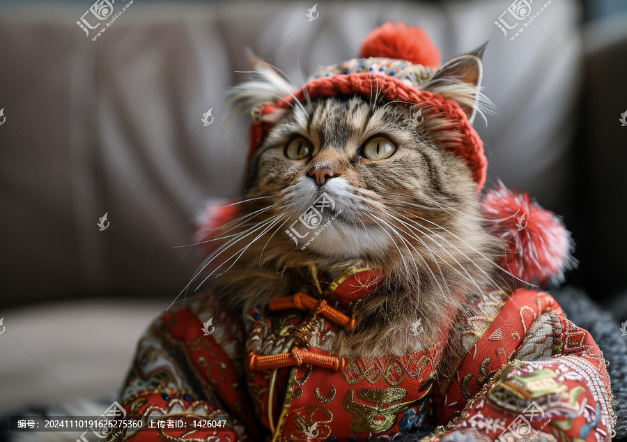 一只身穿紅色和金色中國傳統(tǒng)服飾的貓