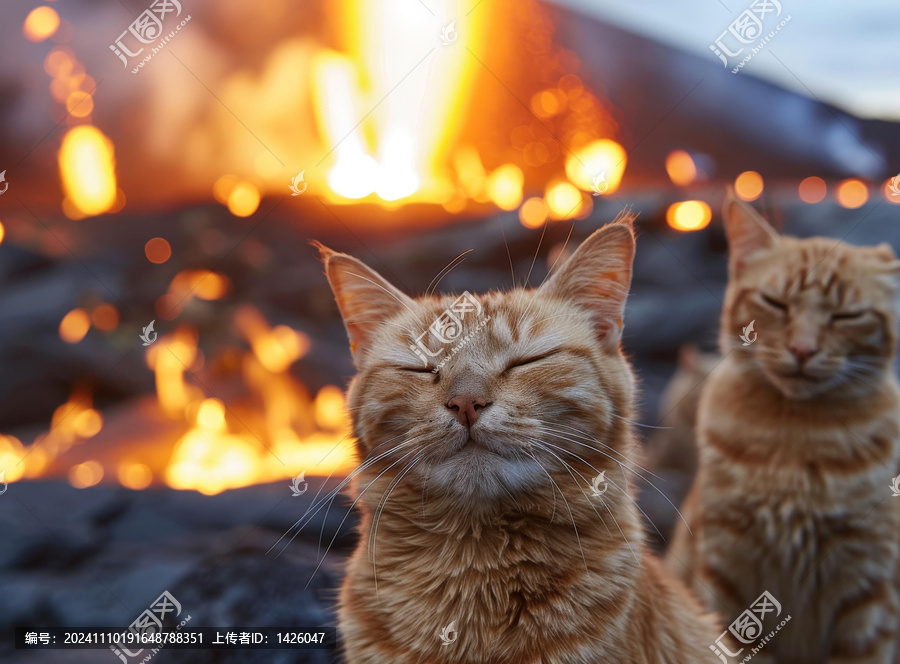兩只姜黃色貓咪坐在火山爆發(fā)前