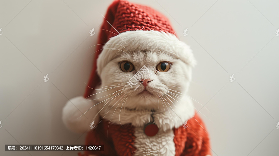 一只可愛(ài)的白色貓咪戴著紅色圣誕帽看著鏡頭