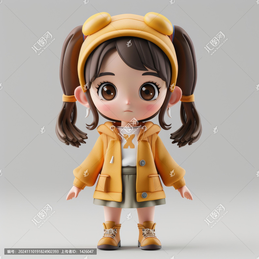 可愛(ài)卡通女孩角色棕色頭發(fā)黃色夾克綠色裙子