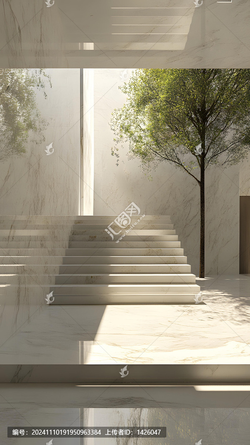 現(xiàn)代建筑中白色大理石樓梯與綠植