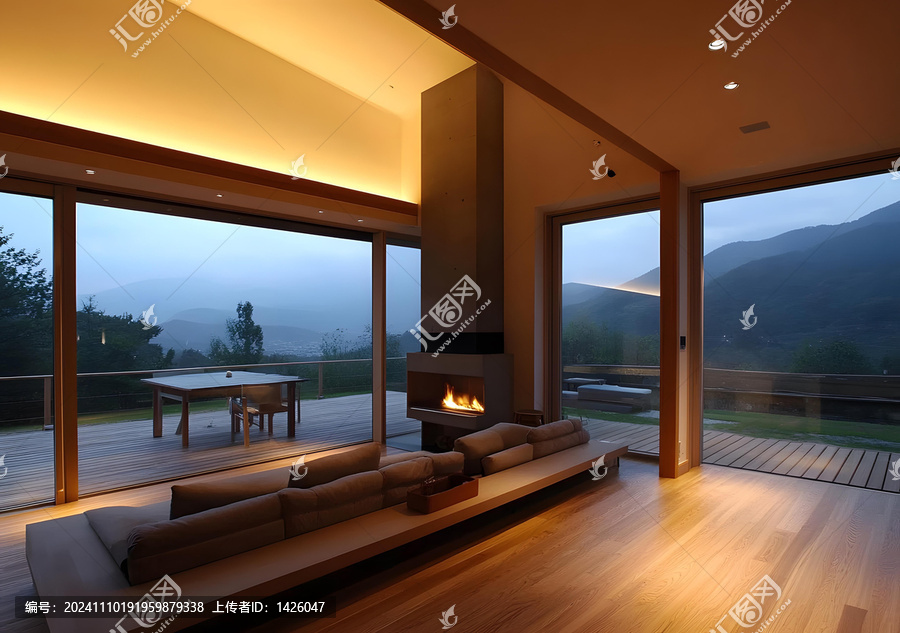 現(xiàn)代簡(jiǎn)約風(fēng)格客廳設(shè)計(jì)，壁爐與山景相映成趣