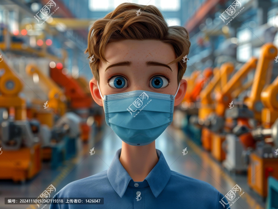 戴口罩的男孩站在工廠里