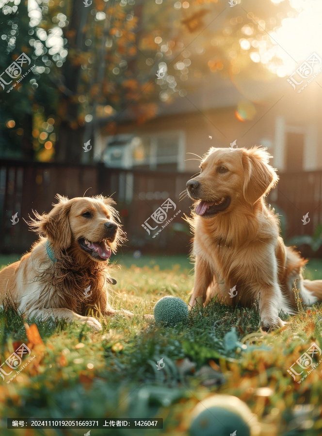 兩只金毛獵犬在后院玩耍