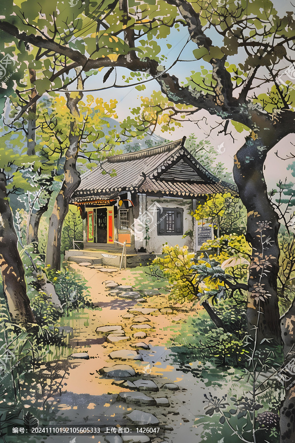 日本傳統(tǒng)風(fēng)格房屋，石板路和綠樹(shù)