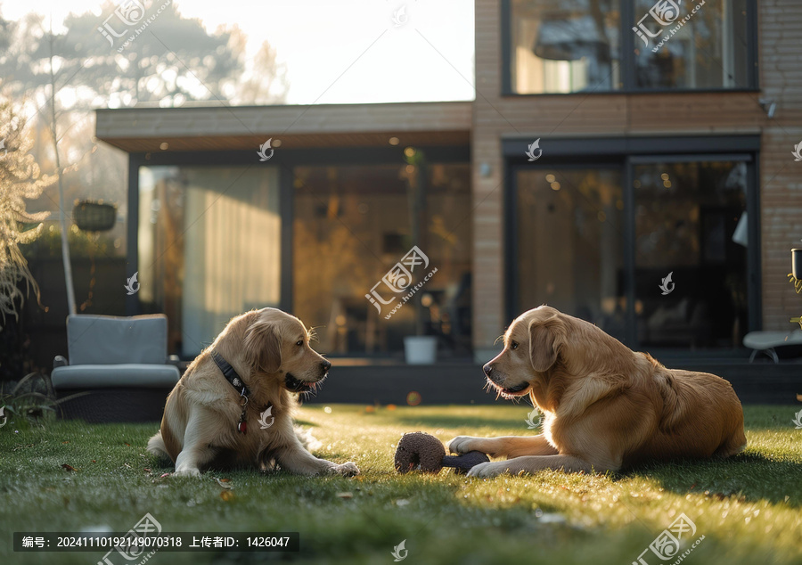 兩只金毛獵犬在后院玩耍