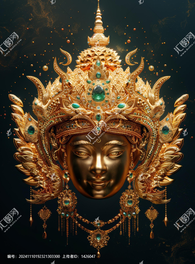 佛頭金飾鑲嵌綠寶石