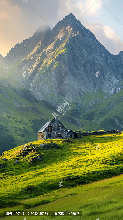 在山谷中的一座小屋背景中還有一座大山