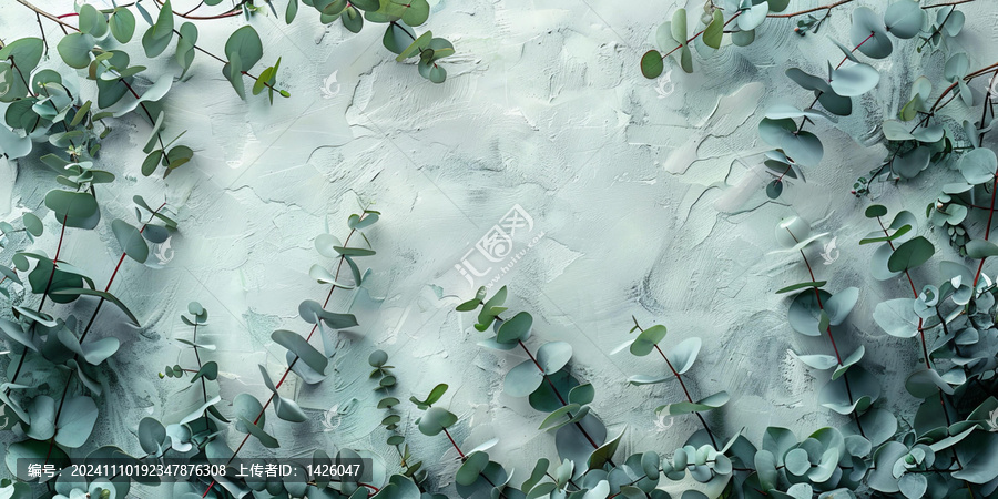 在白色木質背景上的藍色桉樹枝