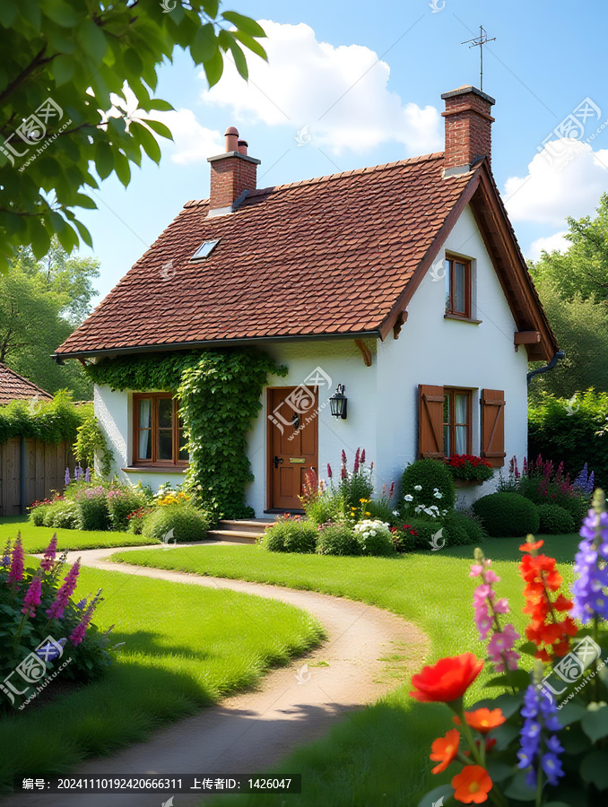 寧靜的鄉(xiāng)村小屋，蜿蜒的小路通向郁郁蔥蔥的花園