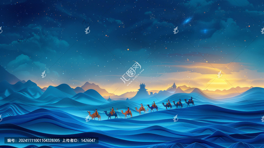 一群人在星空下的沙漠中騎著駱駝