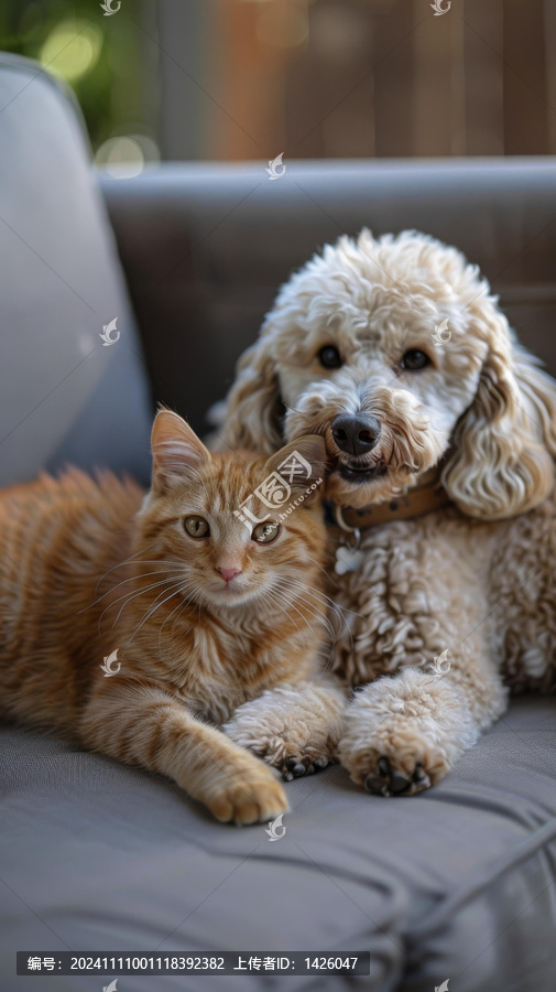 一只姜黃色貓咪和一只貴賓犬坐在沙發(fā)上
