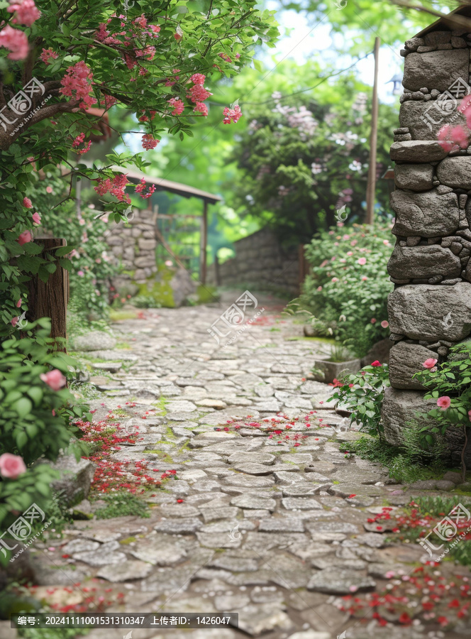 美麗花園中的鵝卵石小路