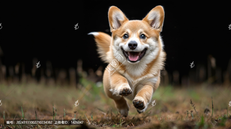 一只快樂的柯基犬在草地上奔跑