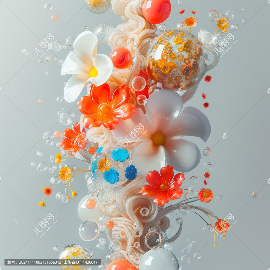 渲染的花朵和氣泡
